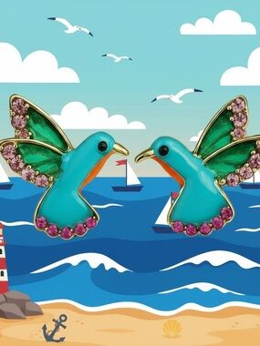 Hummingbird Enamel and Rhinestone Summer Earrings Blue Green